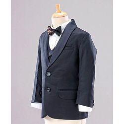 Babyhug Full Sleeves Solid Party Suit with Checked Bow and Waistcoat - Navy