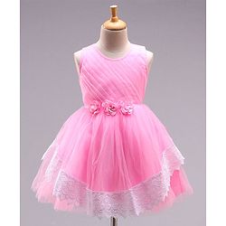 Babyhug Sleeveless Fit and Flare Party Wear Frock with Corsage and Lace - Baby Pink