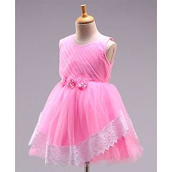 Babyhug Sleeveless Fit and Flare Party Wear Frock with Corsage and Lace - Baby Pink