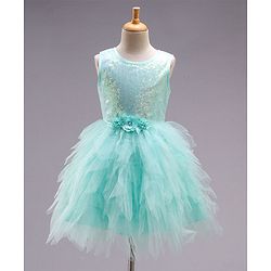 Babyhug Sleeveless Sequined Party Wear Asymmetrical Fit and Flare Frock with Corsage - Mint