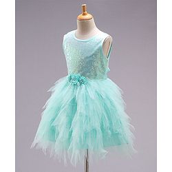 Babyhug Sleeveless Sequined Party Wear Asymmetrical Fit and Flare Frock with Corsage - Mint