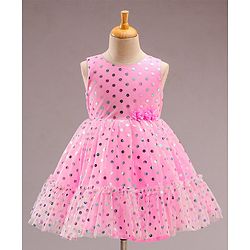 Babyhug Sleeveless Polka Printed Fit and Flare Party Wear Tiered Frock with Corsage - Pink