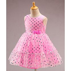 Babyhug Sleeveless Polka Printed Fit and Flare Party Wear Tiered Frock with Corsage - Pink