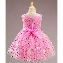 Babyhug Sleeveless Polka Printed Fit and Flare Party Wear Tiered Frock with Corsage - Pink
