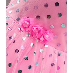 Babyhug Sleeveless Polka Printed Fit and Flare Party Wear Tiered Frock with Corsage - Pink
