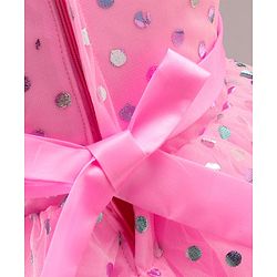 Babyhug Sleeveless Polka Printed Fit and Flare Party Wear Tiered Frock with Corsage - Pink