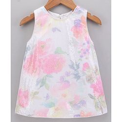 Babyhug Sleeveless A Line Sequined Party Wear Frock with Floral Pattern - Multicolor