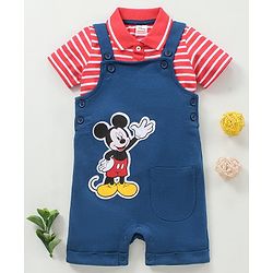 Babyhug Dungaree With Half Sleeves Striped Inner Tee Mickey Mouse Patch - Red Blue