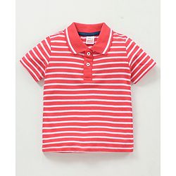 Babyhug Dungaree With Half Sleeves Striped Inner Tee Mickey Mouse Patch - Red Blue