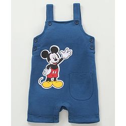 Babyhug Dungaree With Half Sleeves Striped Inner Tee Mickey Mouse Patch - Red Blue