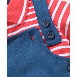 Babyhug Dungaree With Half Sleeves Striped Inner Tee Mickey Mouse Patch - Red Blue