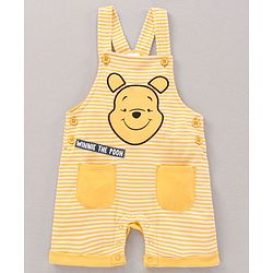 Babyhug Half Sleeves Dungaree Style Romper With Inner Tee Stripes & Winnie The Pooh Print - Ecru Yellow