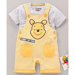 Babyhug Half Sleeves Dungaree Style Romper With Inner Tee Stripes & Winnie The Pooh Print - Ecru Yellow