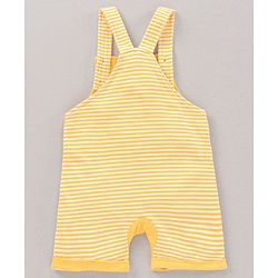 Babyhug Half Sleeves Dungaree Style Romper With Inner Tee Stripes & Winnie The Pooh Print - Ecru Yellow