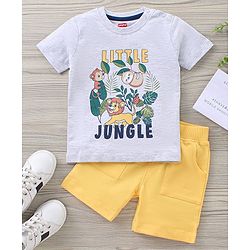 Babyhug Half Sleeves Cotton T Shirt And Shorts Set Placement Print - Grey Yellow