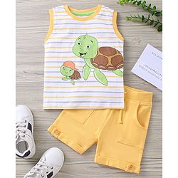 Babyhug Sleeveless Striped T-Shirt & Knee Length Shorts Tortoise Print - Yellow