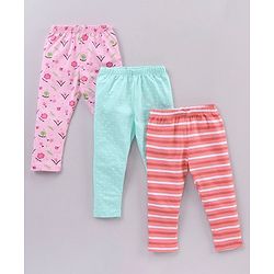 Babyhug Full Length Floral Print & Striped Legging - Blue Pink & Red