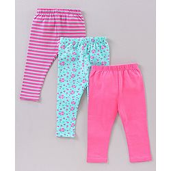 Babyhug Full Length Printed Leggings Pack of 3- Pink & Green