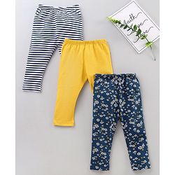 Babyhug Knit Lycra Full Length Leggings With Stretch Striped And Flower Printed Pack Of 3 - Multicolor