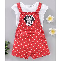 Babyhug Short Cap Sleeves Dungaree Style Romper With Inner Tee Minnie Mouse Print - Red White