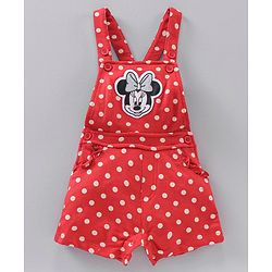 Babyhug Short Cap Sleeves Dungaree Style Romper With Inner Tee Minnie Mouse Print - Red White