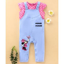 Babyhug Cap Sleeves Top & Dungaree Set Polka Dot & Minnie Mouse Print - Blue Pink