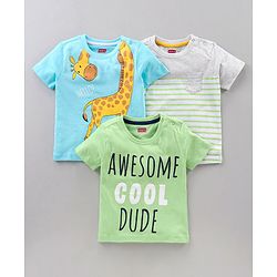 Babyhug Half Sleeves Cotton Blend T-shirts Striped Pack of 3 - Green Blue