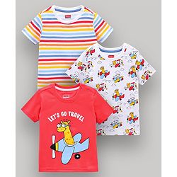 Babyhug Half Sleeves Striped Tees with Airplane Print - Multicolor Red White