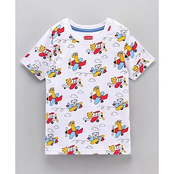 Babyhug Half Sleeves Striped Tees with Airplane Print - Multicolor Red White