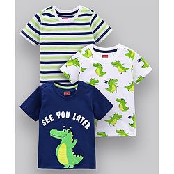 Babyhug Half Sleeves Striped Tees with Croc Print - Green Navy White