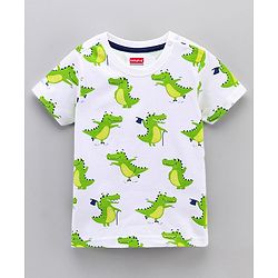 Babyhug Half Sleeves Striped Tees with Croc Print - Green Navy White