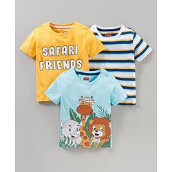 Babyhug Half Sleeves Stripes T-Shirt Animals Print Pack of 3 - Blue Yellow White