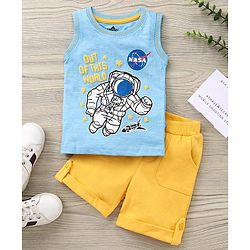 Babyhug Sleeveless T-Shirt and Shorts Set Astronaut Print - Blue Yellow - 18-24m Yellow