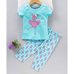 Babyhug Half Sleeves T-Shirt & Pyjama Set Flamingo Print - Blue