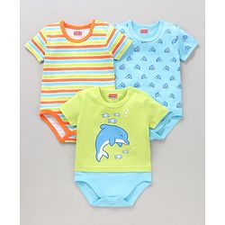 Babyhug 100% Cotton Half Sleeves Onesies Striped and Dolphin Print Pack of 3 - Blue Green