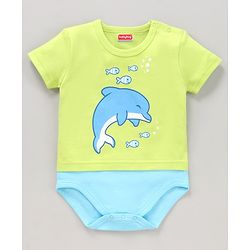 Babyhug 100% Cotton Half Sleeves Onesies Striped and Dolphin Print Pack of 3 - Blue Green