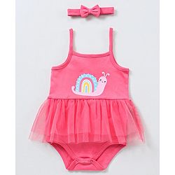 Babyhug Singlet Sleeves Onesies with Hairband Snail Print - Pink