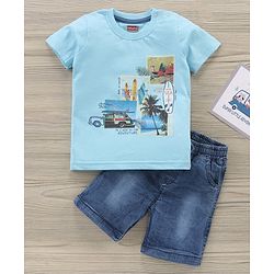 Babyhug Half Sleeves T-Shirt & Denim Shorts Set Multi Print - Blue