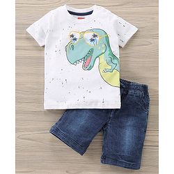 Babyhug Cotton Half Sleeves T-shirt And Denim Knee Length Bottom Wear  - Blue Whte - 18-24m Blue