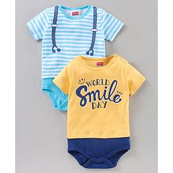 Babyhug 100% Cotton Half Sleeves Striped Onesies Text Print Pack of 2 - Blue Yellow