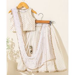 Babyhug Sleeveless Embeliished Choli Lehenga and Dupatta Set with Sequins - Ivory - 3-4Y Off White/Cream
