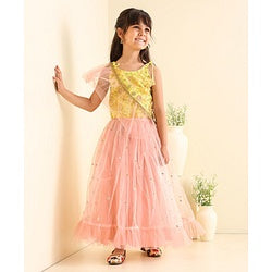 Babyhug Sleeveless Embroidered Choli Lehenga and Dupatta Set with Sequins - Yellow Peach