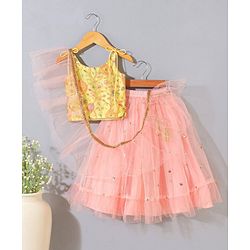 Babyhug Sleeveless Embroidered Choli Lehenga and Dupatta Set with Sequins - Yellow Peach
