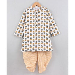 Babyhug Full Sleeves Cotton Kurta & Dhoti Set Printed - Off White
