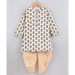 Babyhug Full Sleeves Cotton Kurta & Dhoti Set Printed - Off White