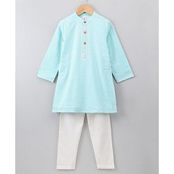 Babyhug Full Sleeves Striped Cotton Kurta & Pyjama Set - Light Blue
