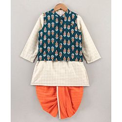 Babyhug Full Sleeves Cotton Checks Kurta and Dhoti Set with Printed Jacket - Beige