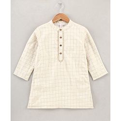 Babyhug Full Sleeves Cotton Checks Kurta and Dhoti Set with Printed Jacket - Beige