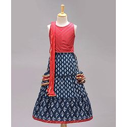Babyhug Sleeveless Choli & Lehenga Set With Dupatta Ethnic Print - Red Blue