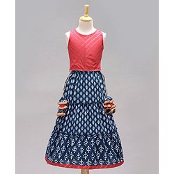 Babyhug Sleeveless Choli & Lehenga Set With Dupatta Ethnic Print - Red Blue